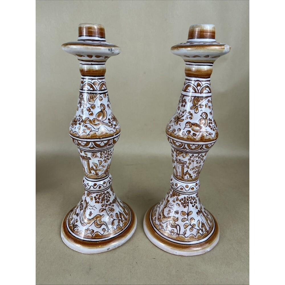 2 VTG 90s Portugal Signed Hand Painted Candle Holder 10”Animals Floral‎ Folk Art